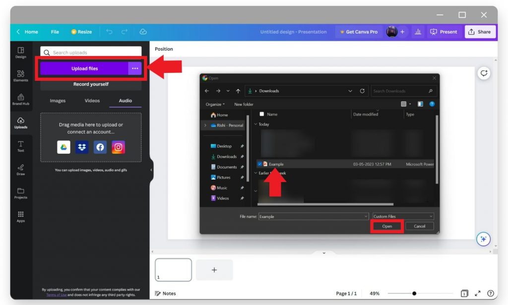 how to upload a powerpoint presentation to canva
