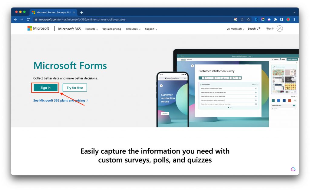 Microsoft Forms sign in page