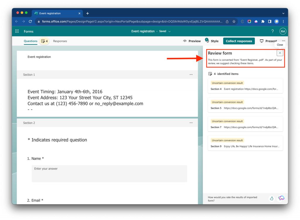 Microsoft Forms Review form