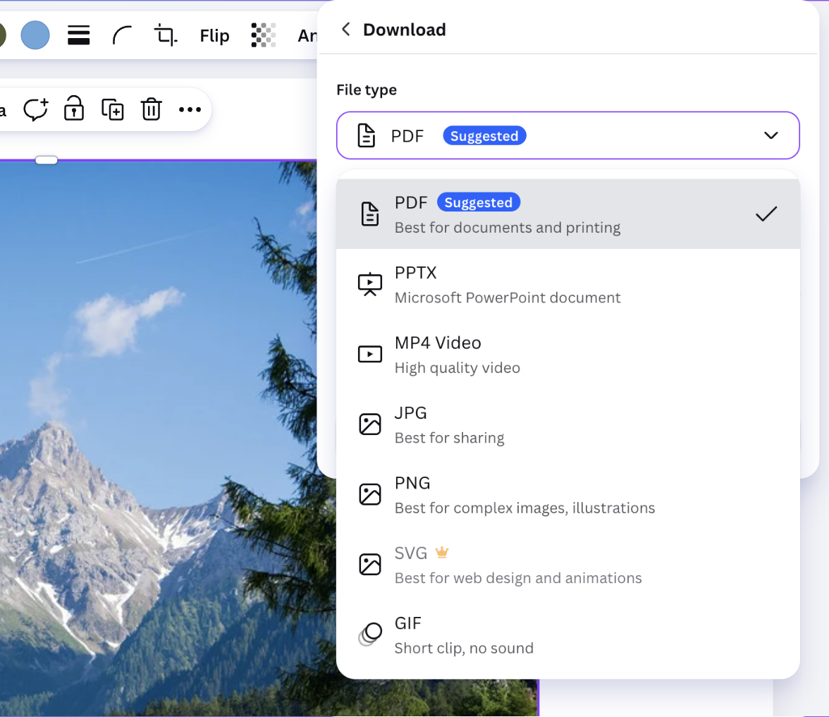 Canva download file type options with PPTX to convert Canva to PowerPoint