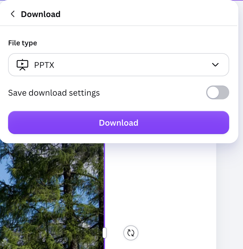 Canva download panel with PPTX selected