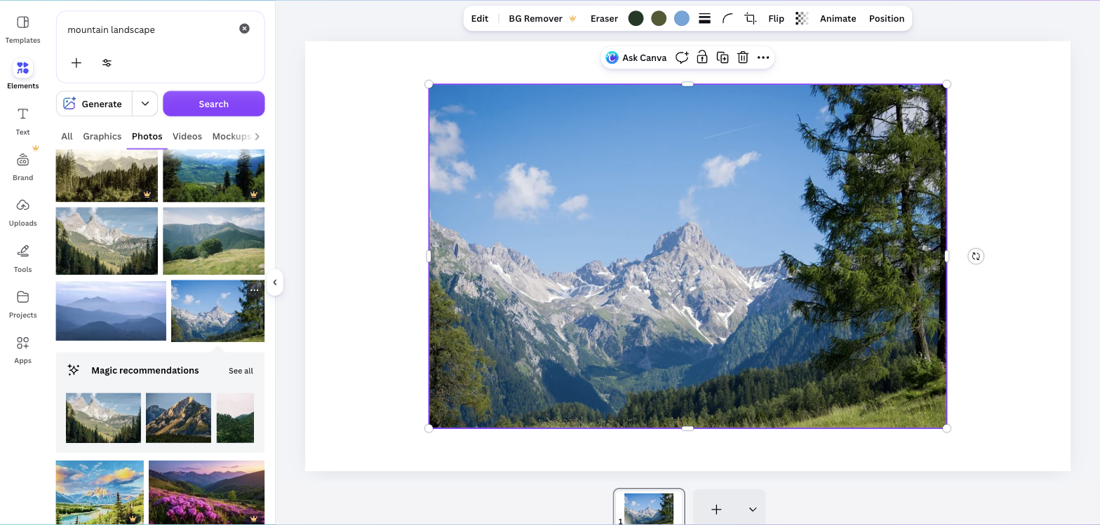 A photo inserted on a Canva slide with the image editing toolbar