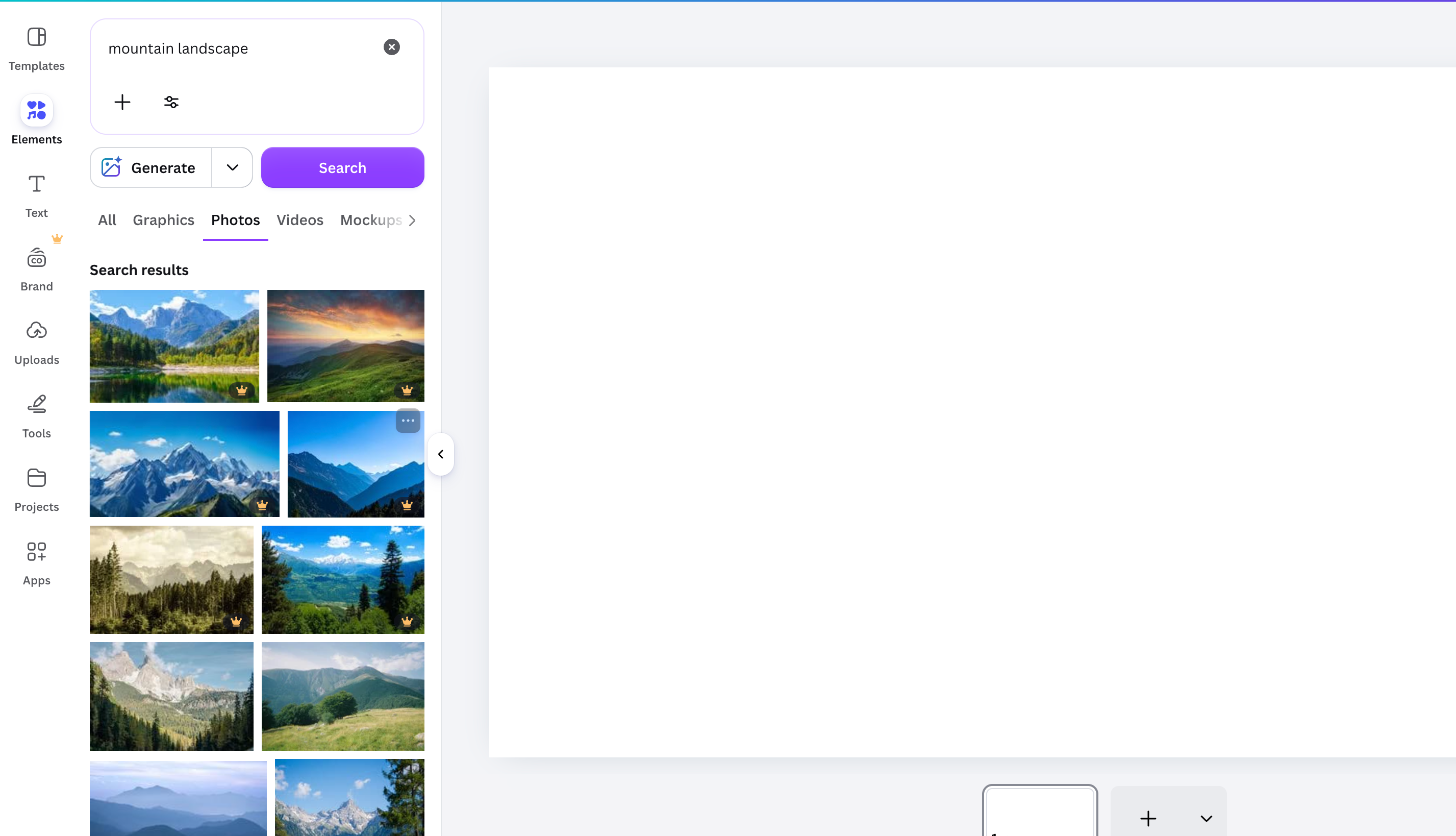Searching stock photos in the Canva Elements panel