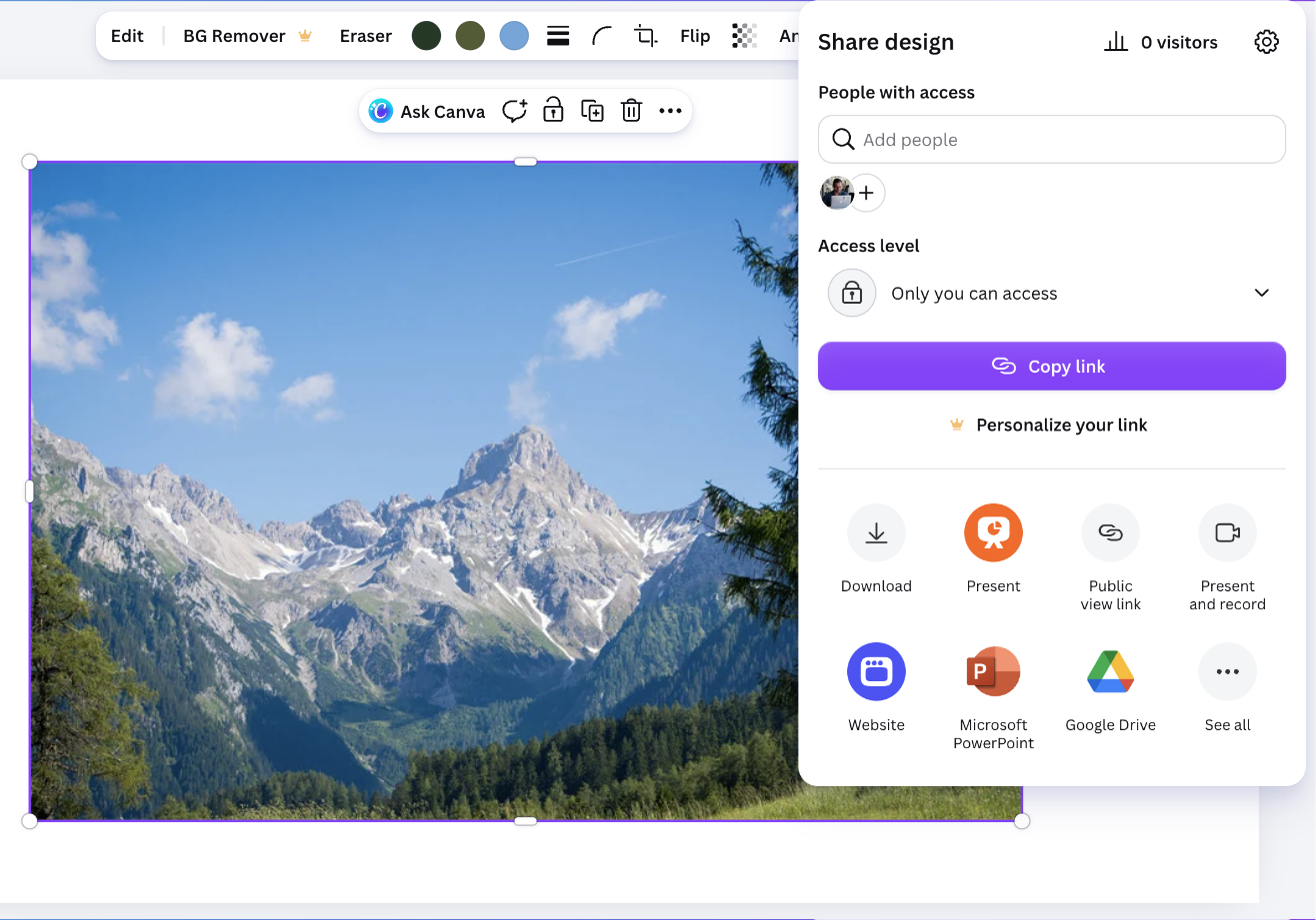 Canva Share menu with Download, Microsoft PowerPoint and Google Drive options